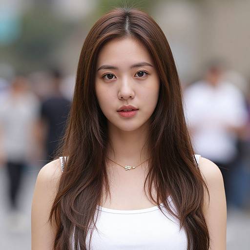 Photograph of an East Asian woman with long, straight brown hair, wearing a white sleeveless top, standing in a blurred city street background, with