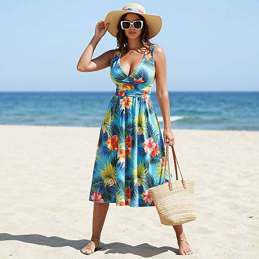 Photograph of a smiling woman on a sunny beach, wearing a colorful floral dress, wide-brimmed hat, sunglasses, holding a wicker bag