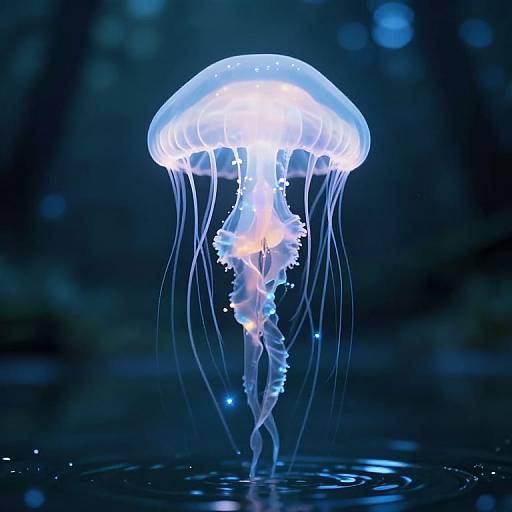 Photograph of a glowing, translucent jellyfish with long, flowing tentacles, illuminated against a dark blue, underwater background, creating a mesmerizing,