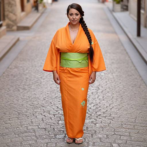 Photograph of a plus-sized woman with long black hair in a braid, wearing an orange kimono with green obi, standing on a cob