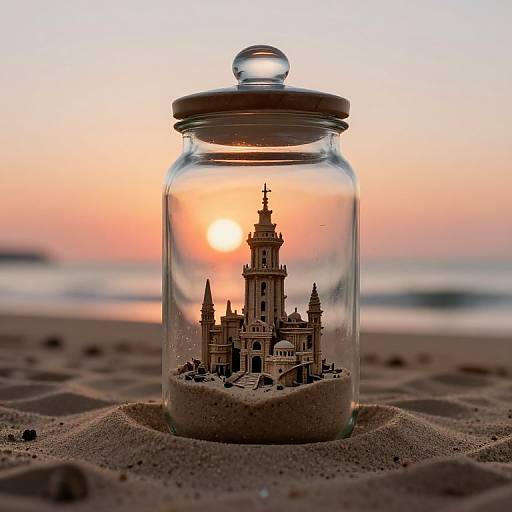 Photograph of a detailed sandcastle model inside a clear glass jar with a wooden lid, set on a sandy beach at sunset.