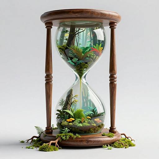 Photograph of a wooden hourglass filled with a miniature, vibrant forest scene, including plants, mushrooms, and roots, against a white background.