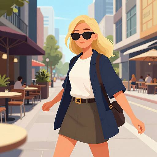Digital illustration of a blonde woman in sunglasses, white shirt, navy blazer, black skirt, and belt, walking in a sunny, urban street café