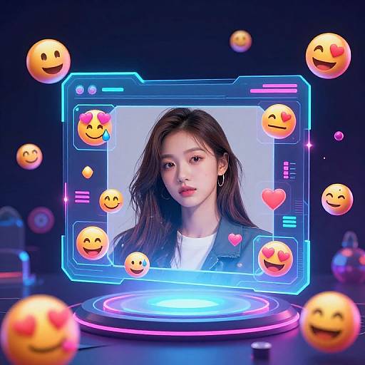 Digital illustration of an Asian woman with long black hair, wearing a black jacket, centered on a glowing neon screen with floating emoji icons against a dark background