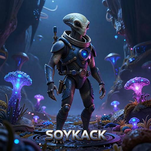 Digital artwork of a futuristic, armored alien with a skeletal head in a glowing, bioluminescent forest, standing in water with 