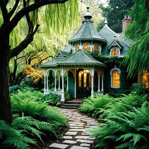 Victorian Cottage Surrounded by Lush Ferns and Willows