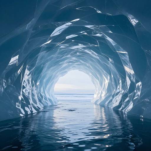 Photograph of an ice cave with crystalline, blue-tinged ice walls, reflecting light, leading to a bright, white-lit opening over