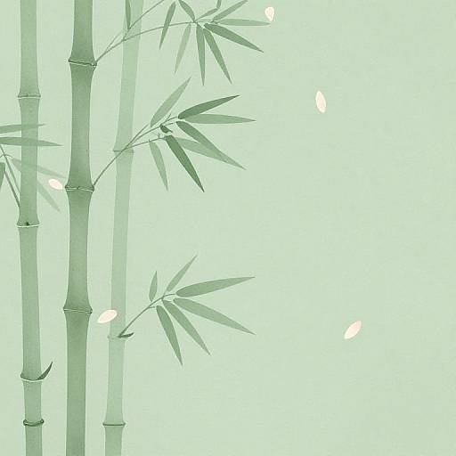 Digital art of four green bamboo stalks with slender leaves, set against a light green background. Small white leaves float. Minimalist, serene style.