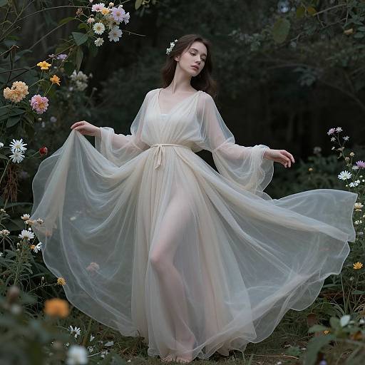 Photograph of a fair-skinned woman in a flowing, translucent white dress, surrounded by colorful flowers in a lush forest. She gracefully holds out her