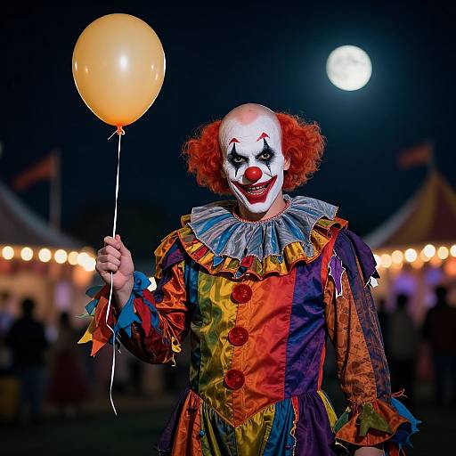 Photograph of a clown with white face paint, red nose, and orange balloon under a full moon at a nighttime carnival. Clown wears colorful, r