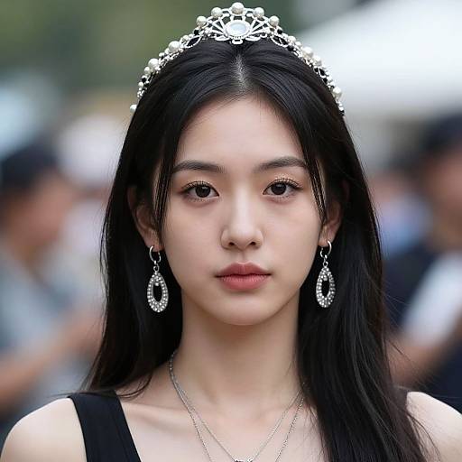 Photograph of an East Asian woman with long black hair, wearing a silver tiara, diamond earrings, and black dress, with a blurred outdoor background