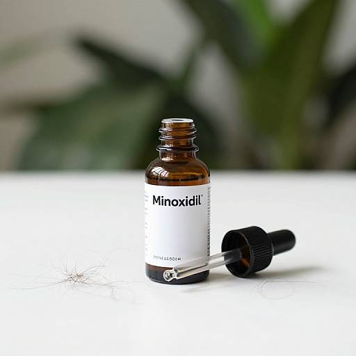 Photograph of a brown Minirolli vitamin bottle with a black dropper cap on a white surface, blurred green plants in the background.