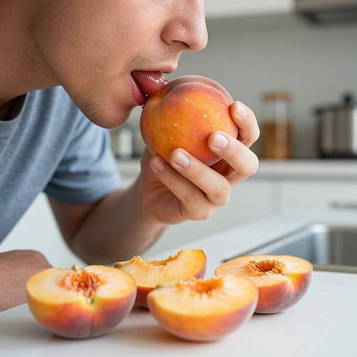 Photograph of a man with light skin, short hair, in a blue shirt, licking a peach while holding it, with three halved peaches