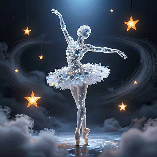 Digital art of a glowing, ethereal ballerina in a sparkling tutu, dancing on a moonlit stage with floating stars and clouds.