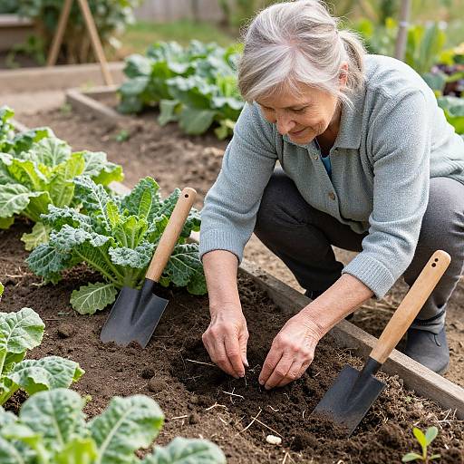 Elderly Woman Planting in Rustic Garden