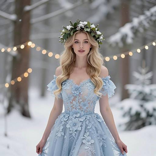 Blonde Woman in Blue Floral Dress in Winter Forest