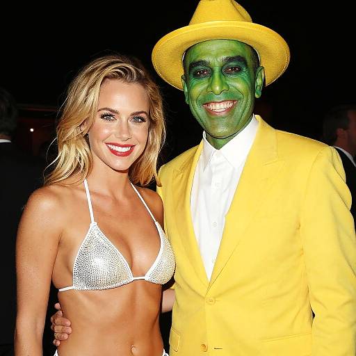 Photograph of a blonde woman in a white mesh bikini and a man with green face paint, yellow hat, and suit, smiling together at night.