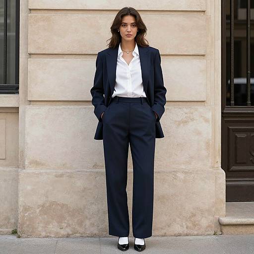 Photograph of a young woman with medium brown skin, dark wavy hair, wearing a black blazer, white shirt, black trousers, and white
