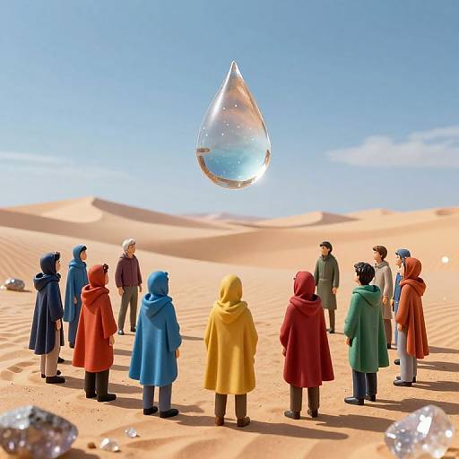 Photograph of 11 people in colorful hooded coats, standing in a desert, watching a large, floating, crystal water droplet under a clear