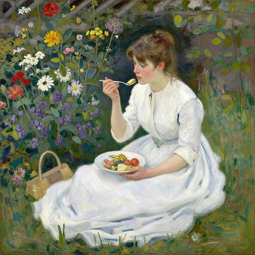 Impressionist painting of a woman in a white dress, eating from a plate of fruit amidst colorful flowers, with a wicker basket beside her.