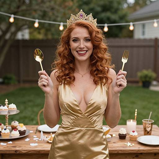 Smiling Redhead in Gold Dress