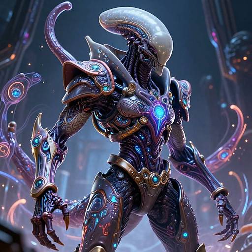 Digital art of a futuristic, cybernetic alien creature with a sleek, metallic exoskeleton, glowing blue accents, and a large, smooth,