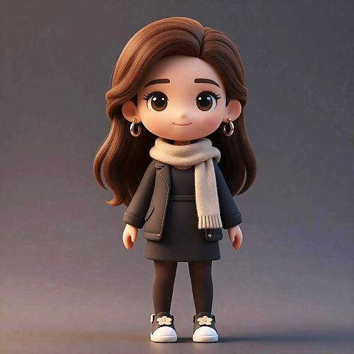 Chibi-style digital artwork of a cute girl with long brown hair, wearing a black coat, white scarf, black pants, white sneakers, and hoop