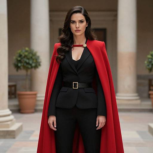 Photograph of a confident woman with long black hair, wearing a red cape over a black suit, standing in a classical, columned courtyard with p