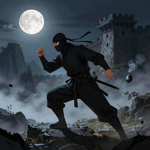 Digital illustration of a ninja in black gear, crouching under a full moon, with a castle and smoke in the background. A grenade is mid
