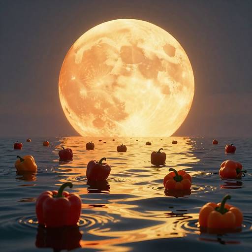 Photograph of glowing orange full moon over calm water, reflecting brightly, with scattered red and orange peppers floating on surface.