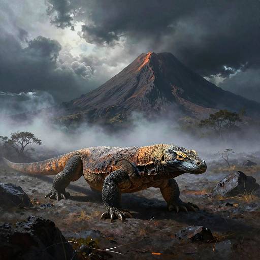 Photorealistic digital artwork: A large, textured, orange and black lizard walks on rocky terrain before a volcanic mountain with glowing summit under stormy skies
