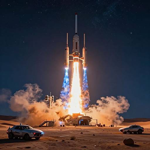Photograph of a rocket launch at night, bright flames and blue exhaust, surrounded by smoke, with two cars in the foreground on a desert runway.
