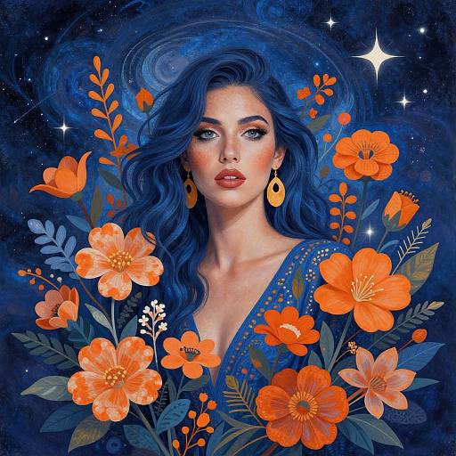 Vibrant Woman Amid Celestial Blooms