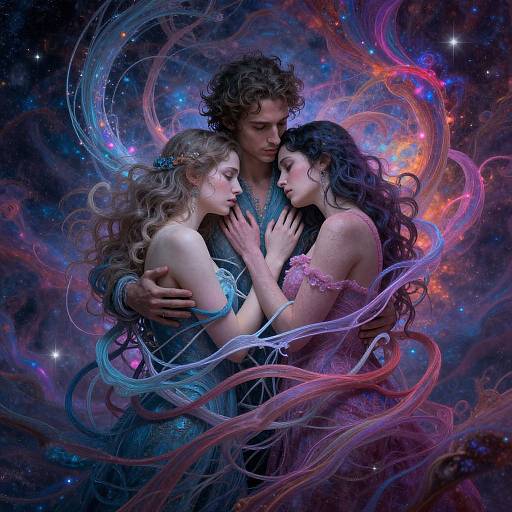 Digital fantasy artwork of a curly-haired man embracing two women with flowing hair and ethereal dresses, surrounded by colorful cosmic swirls.