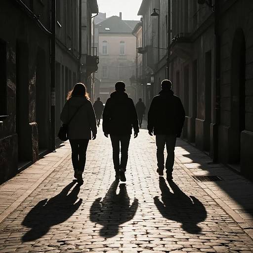 Silhouetted Figures in Cobblestone Alley