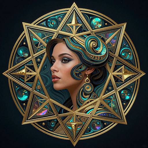 Digital artwork of a woman with wavy teal hair, golden earrings, and glowing blue eyes, framed by a golden, star-filled mandala.