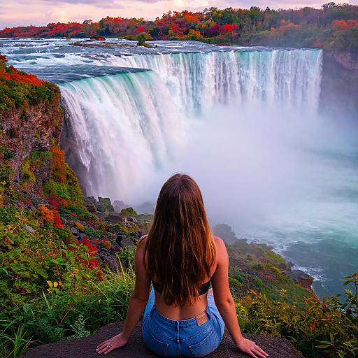 Photograph of a woman with long brown hair, back to the camera, sitting on a rocky ledge, watching a majestic waterfall with vibrant autumn foliage in
