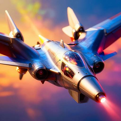 Photograph of a sleek, silver fighter jet with glowing red and blue lights, soaring through a vibrant sunset sky with orange and purple hues.