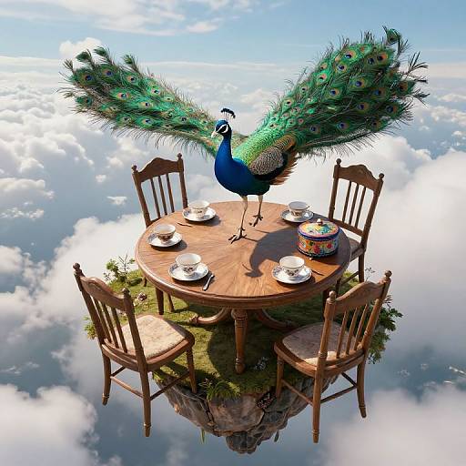 Photorealistic digital art of a peacock with vibrant green feathers, standing on a floating wooden table with four chairs, surrounded by clouds, with te