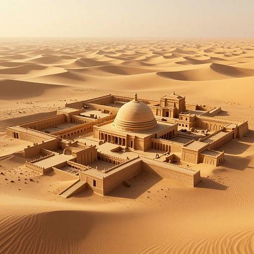 Photorealistic CGI of an ancient, sandstone desert palace with a central dome, surrounded by symmetrical buildings, set in golden sand dunes.