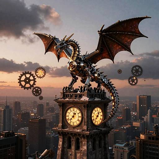 Steampunk Dragon on Clocktower at Dusk