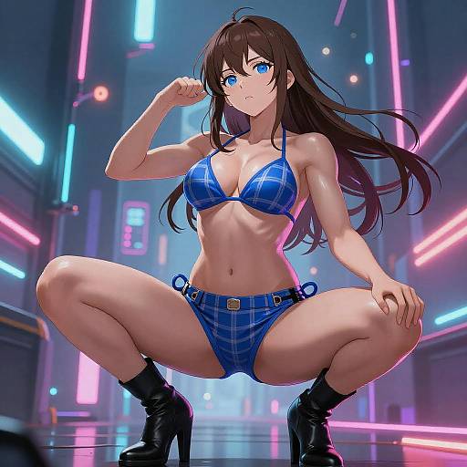 Cyberpunk Anime Woman in Blue Bikini