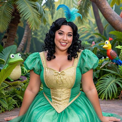 Photograph of a smiling woman with curly black hair, wearing a green and gold fairy costume with a blue feather headpiece, seated in a lush jungle