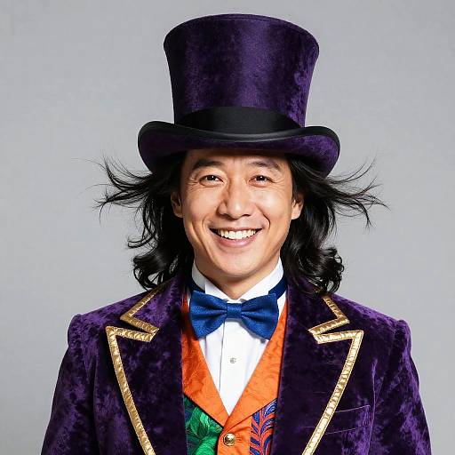 Joyful Asian Man in Purple Top Hat