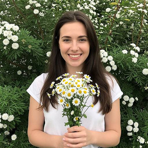 Photograph of a smiling young woman with long dark hair, wearing a white shirt, holding a bouquet of white and yellow daisies, standing in