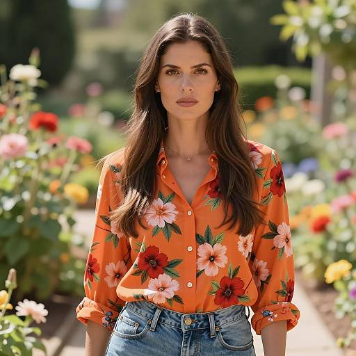 Woman in Orange Floral Shirt in Garden