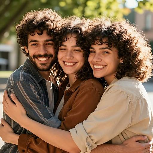 Sunlit Photo of Three Friends Hugging
