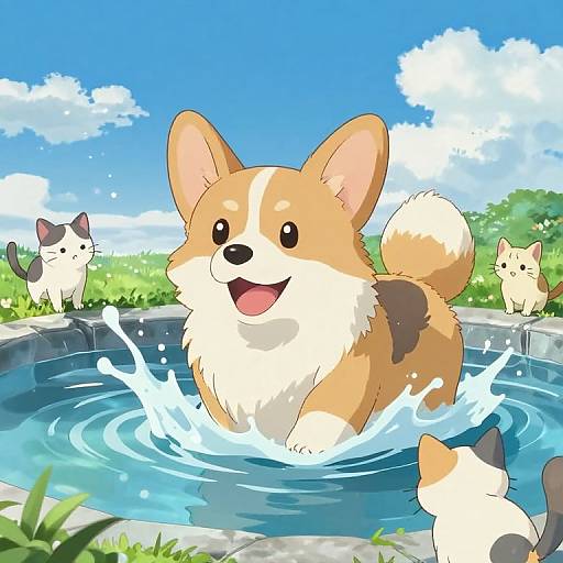 Digital anime-style drawing of a cute, orange-and-white Corgi puppy joyfully splashing in a blue pond, surrounded by three curious cats under