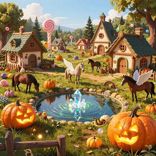 Whimsical digital illustration of a magical pumpkin-themed village with glowing jack-o'-lanterns, fairy-tale cottages, a glowing water feature