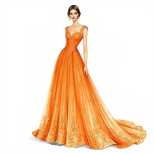 Photograph of a woman in an orange, floral-embroidered, sleeveless ball gown with a fitted bodice and long, flowing skirt,